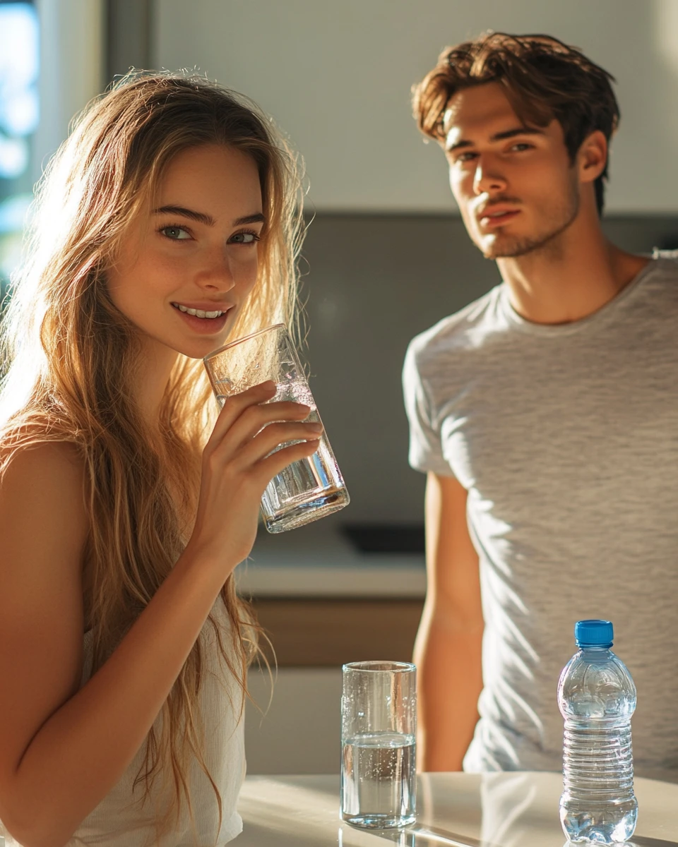 A guy and a girl drinking water