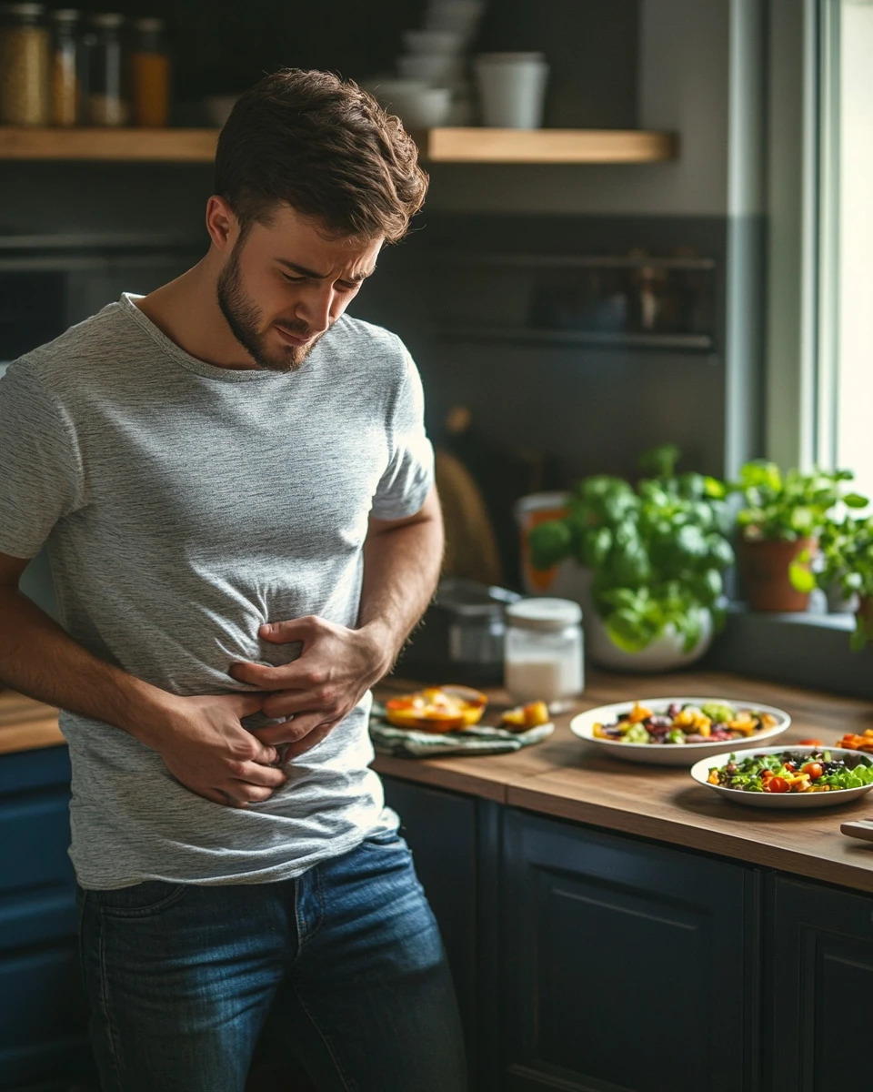 Realistic photo of an adult man feeling pain in his stomach