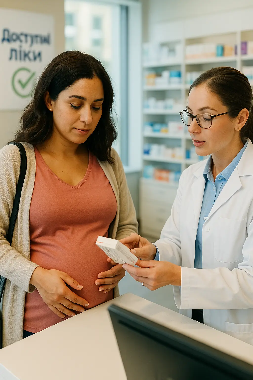 A pregnant woman consults with a pharmacist