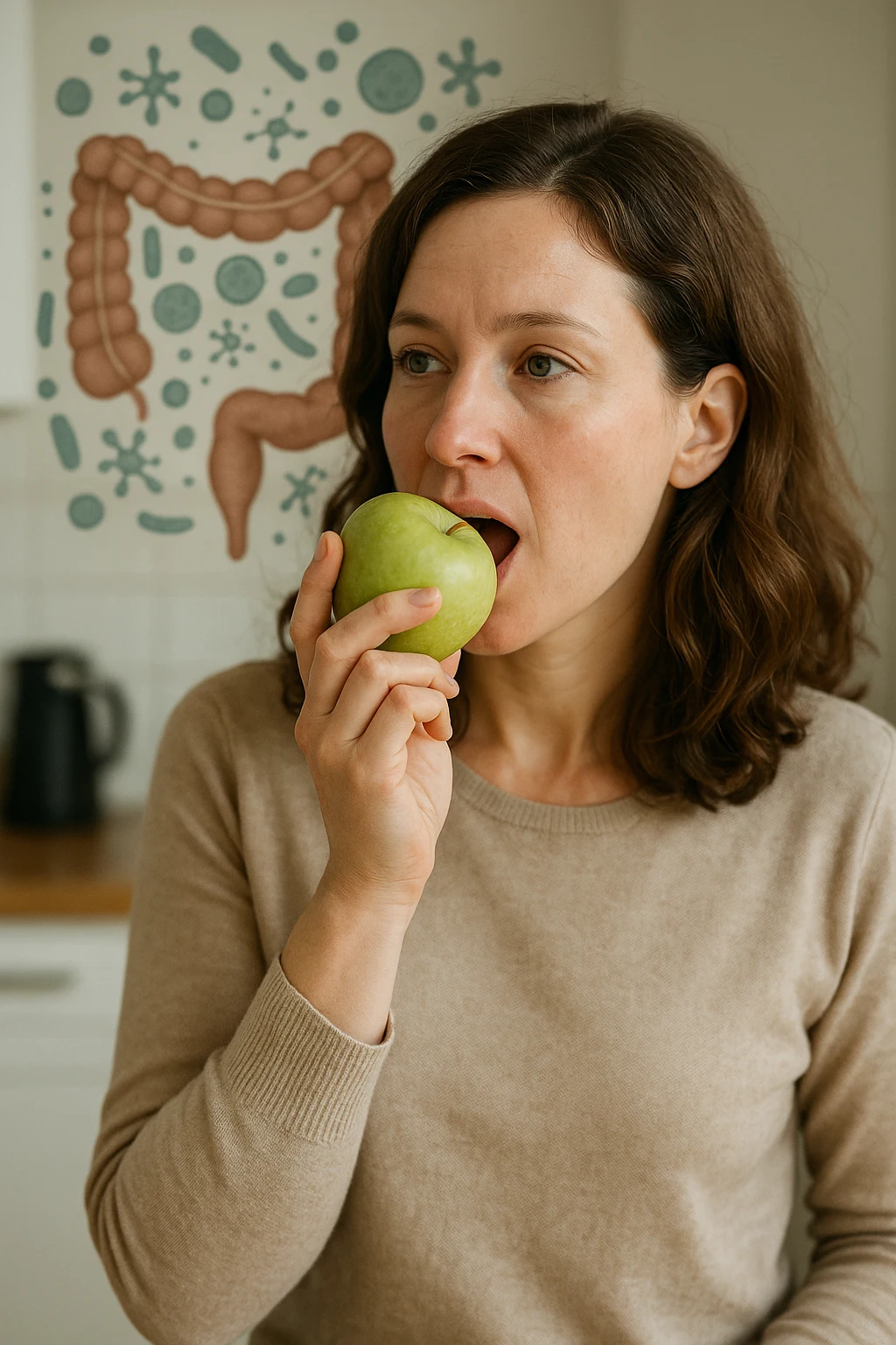 A woman eats a green apple