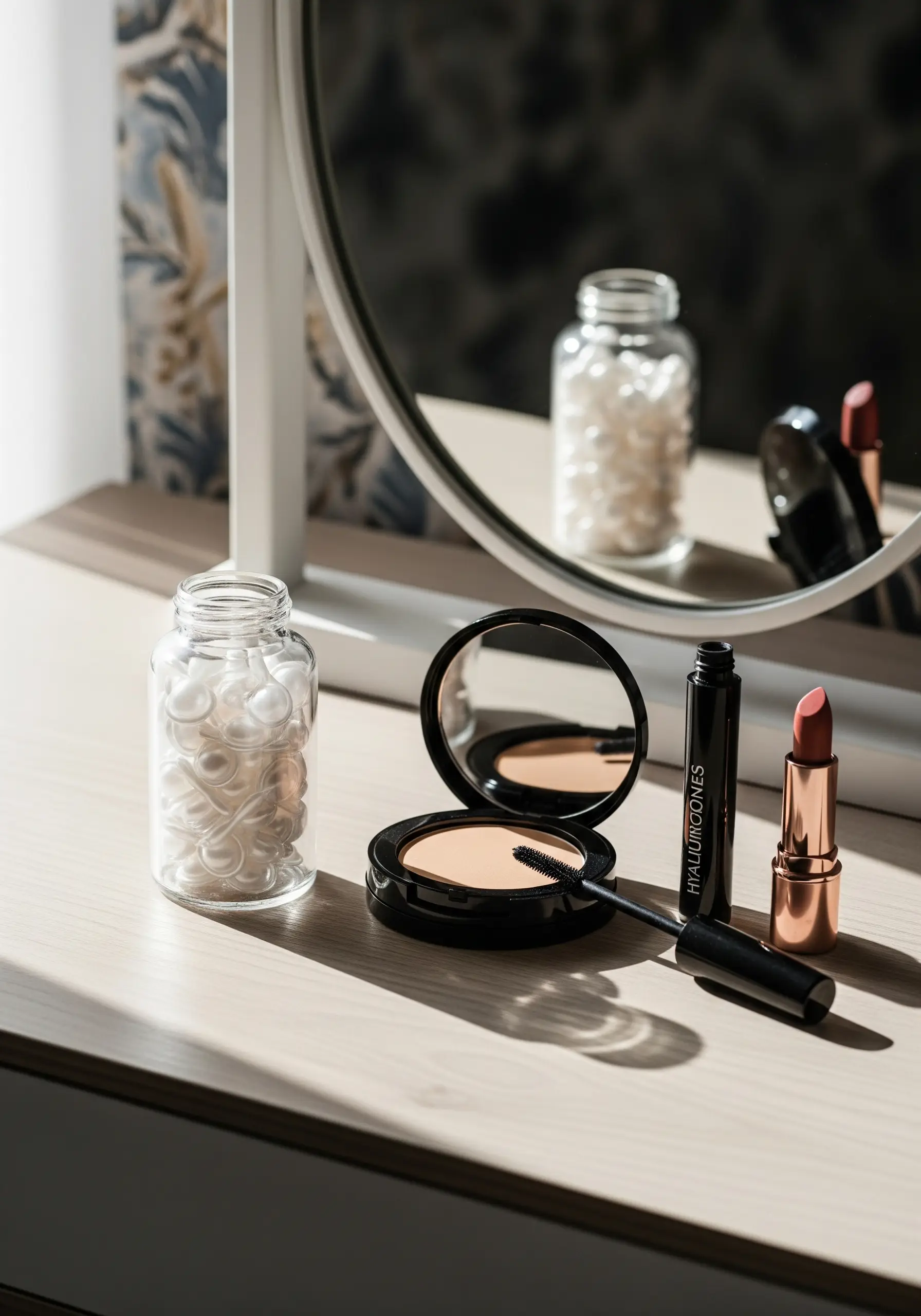 Hyaluronic acid capsules in a jar on the table, cosmetics nearby