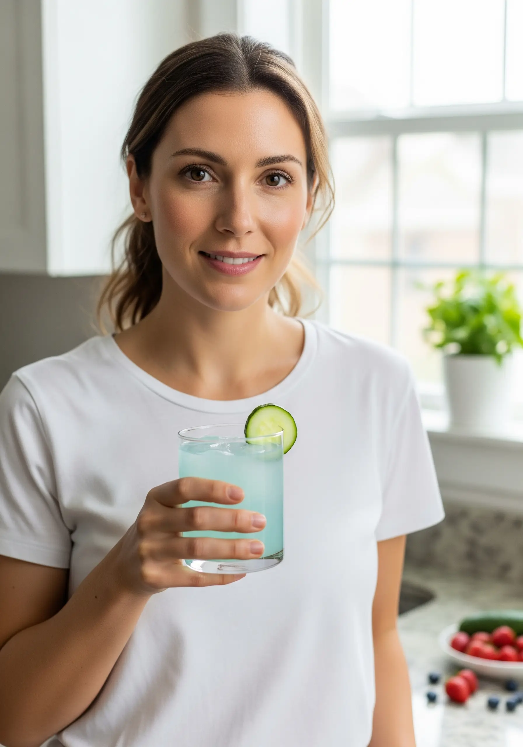 Woman taking hyaluronic acid for hydration, elasticity, and wrinkle reduction