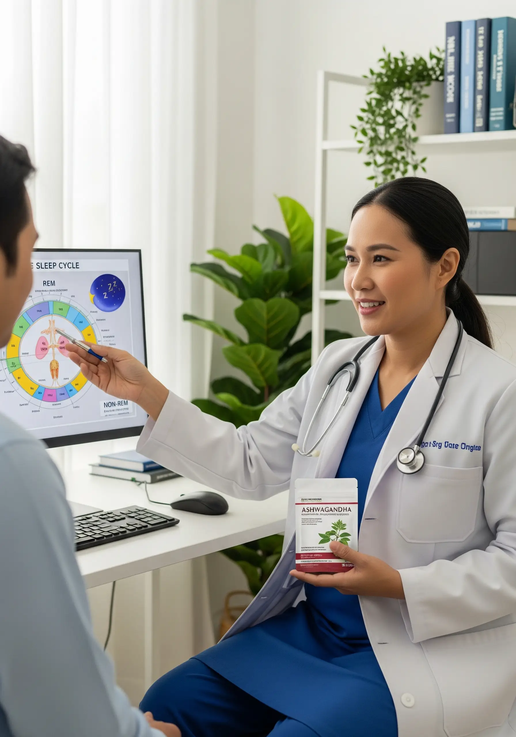 Ashwagandha to lower cortisol and stress and improve sleep, doctor consulting a patient