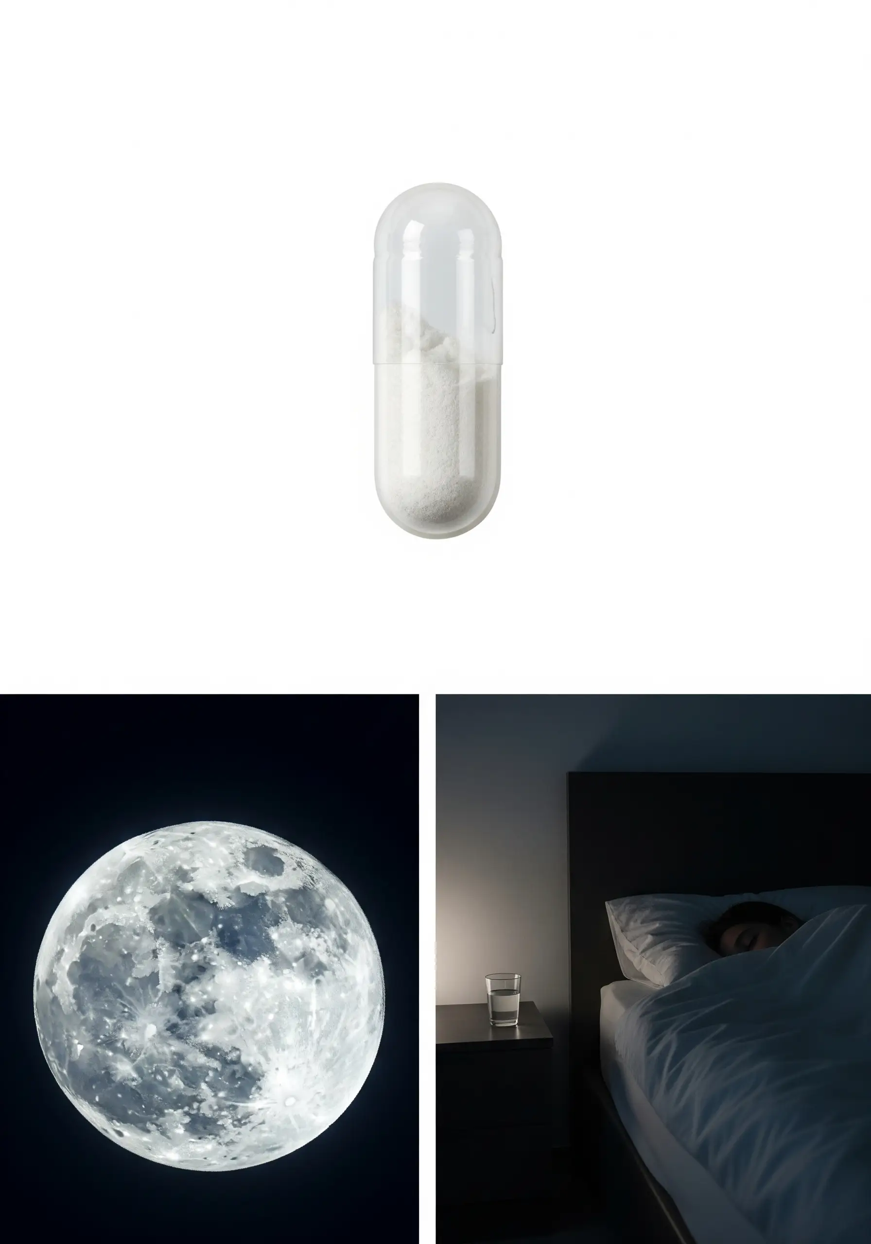 Melatonin and other nutraceuticals for quality sleep without gadgets — capsule, moon, and bedroom