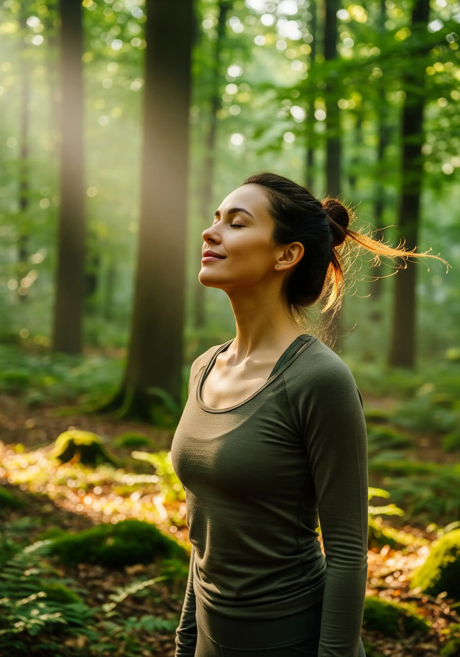 Дівчина стоїть під сонячними променями у лісі