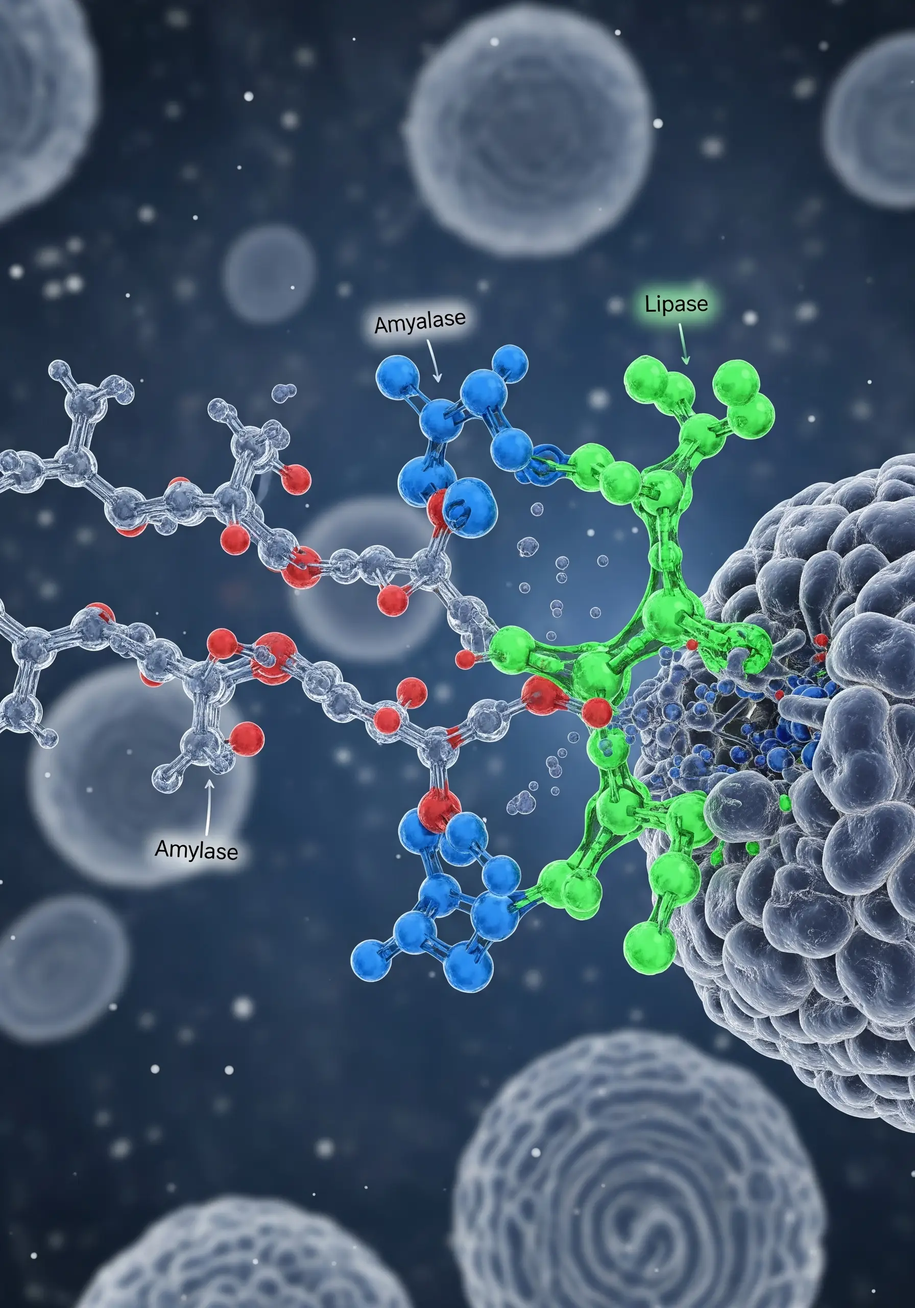 Травні ферменти амілаза та ліпаза у вигляді молекул