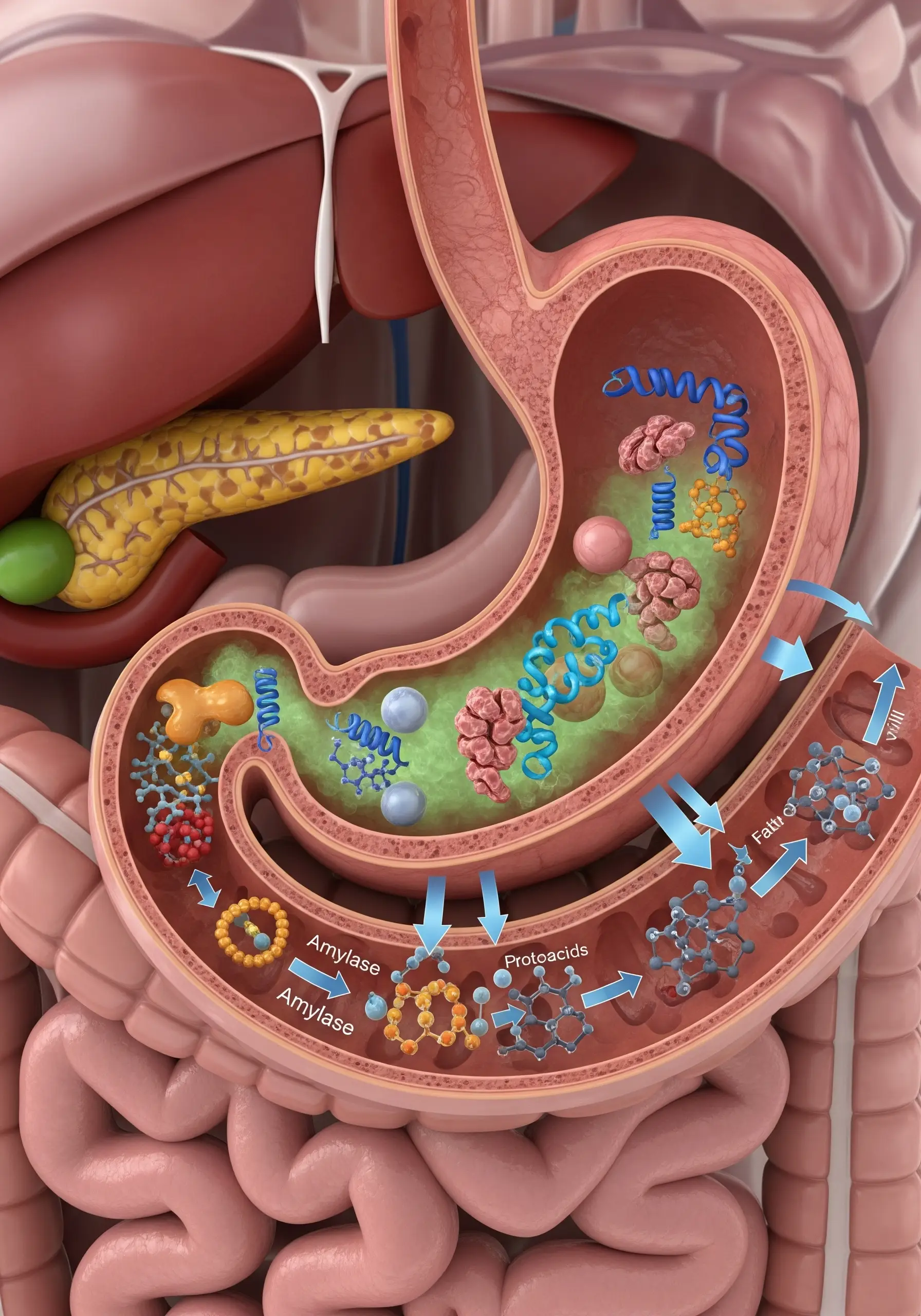Зображено як травні ферменти (ензими) розщеплюють їжу на “цеглинки” для засвоєння