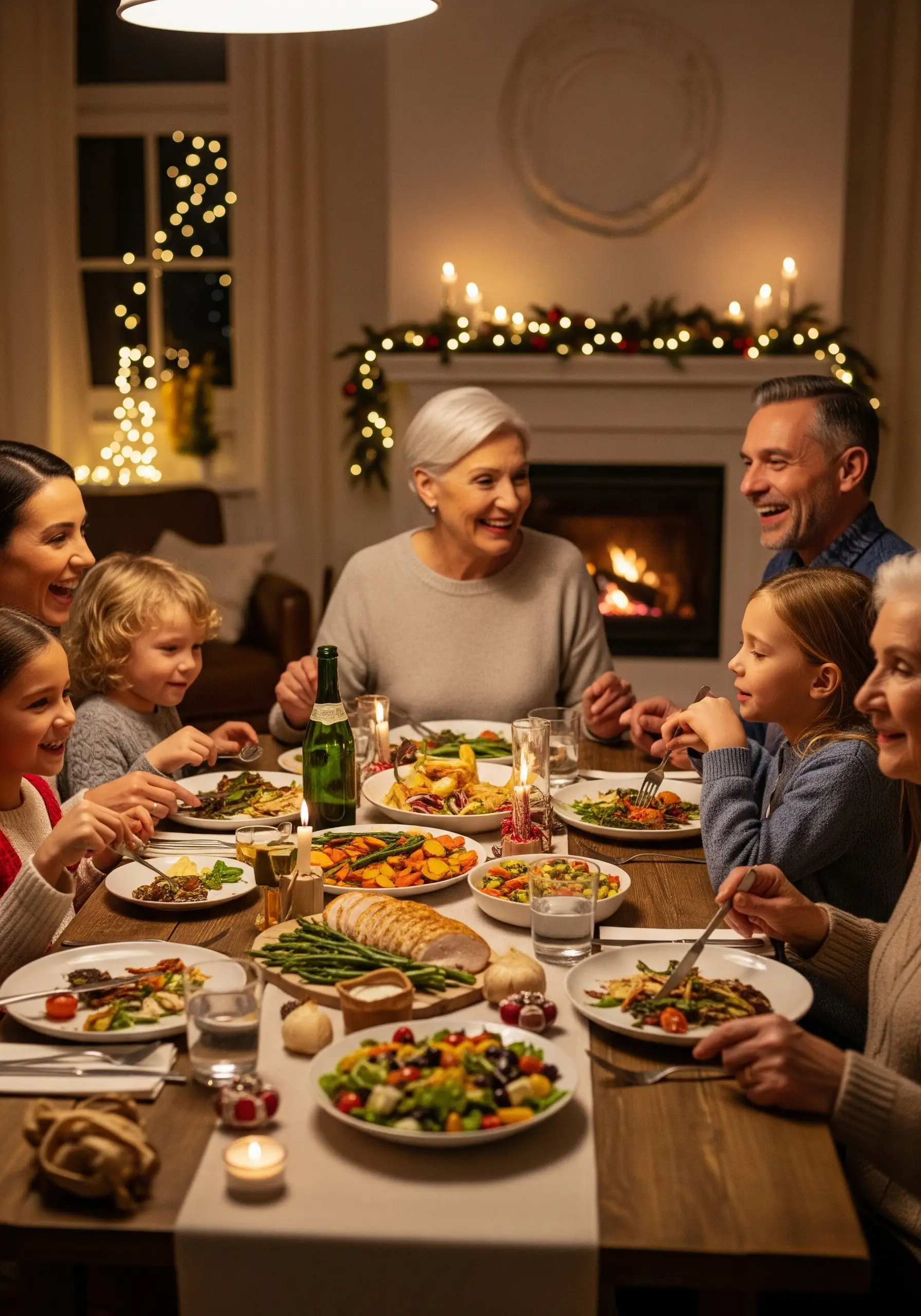 Велика сім'я за столом має святкову вечерю