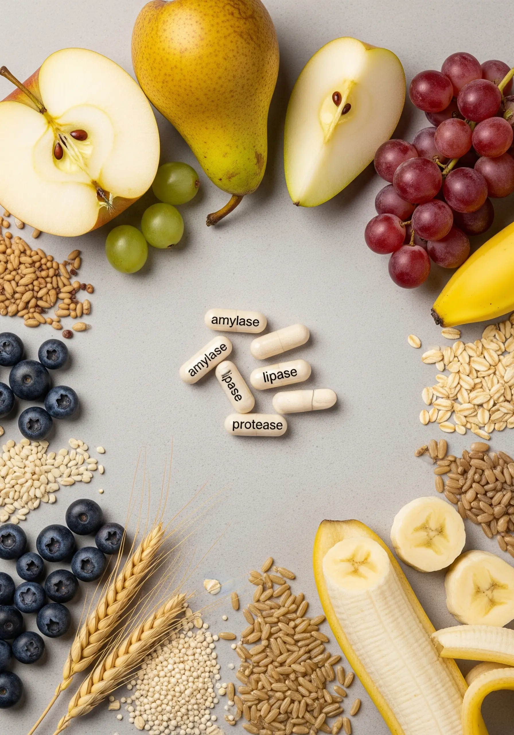 Капсули з амілазою, ліпазою та протеазою на фоні фруктів і зернових – ферменти для перетравлення їжі