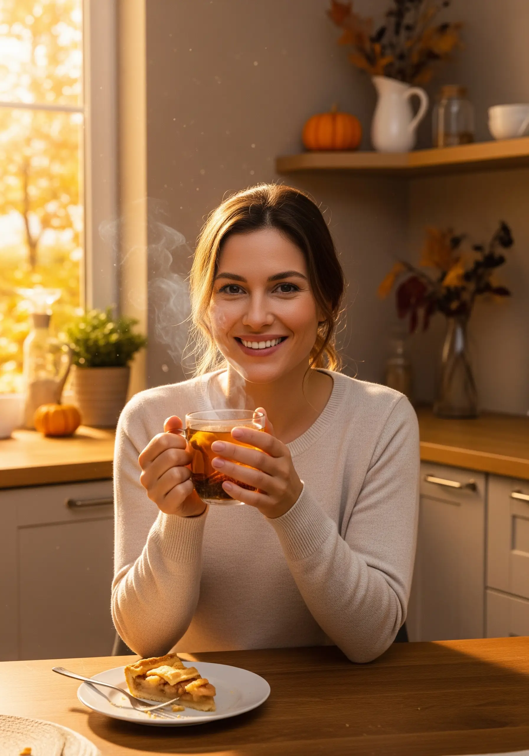 Дівчина за столом з чашкою чаю та шматком пирога