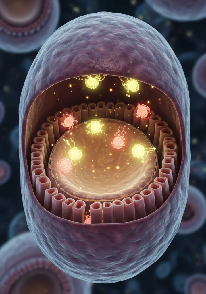 Клітина у розрізі, на яку діють ферменти супероксиддисмутаза (СОД), каталаза і глутатіонредуктаза.