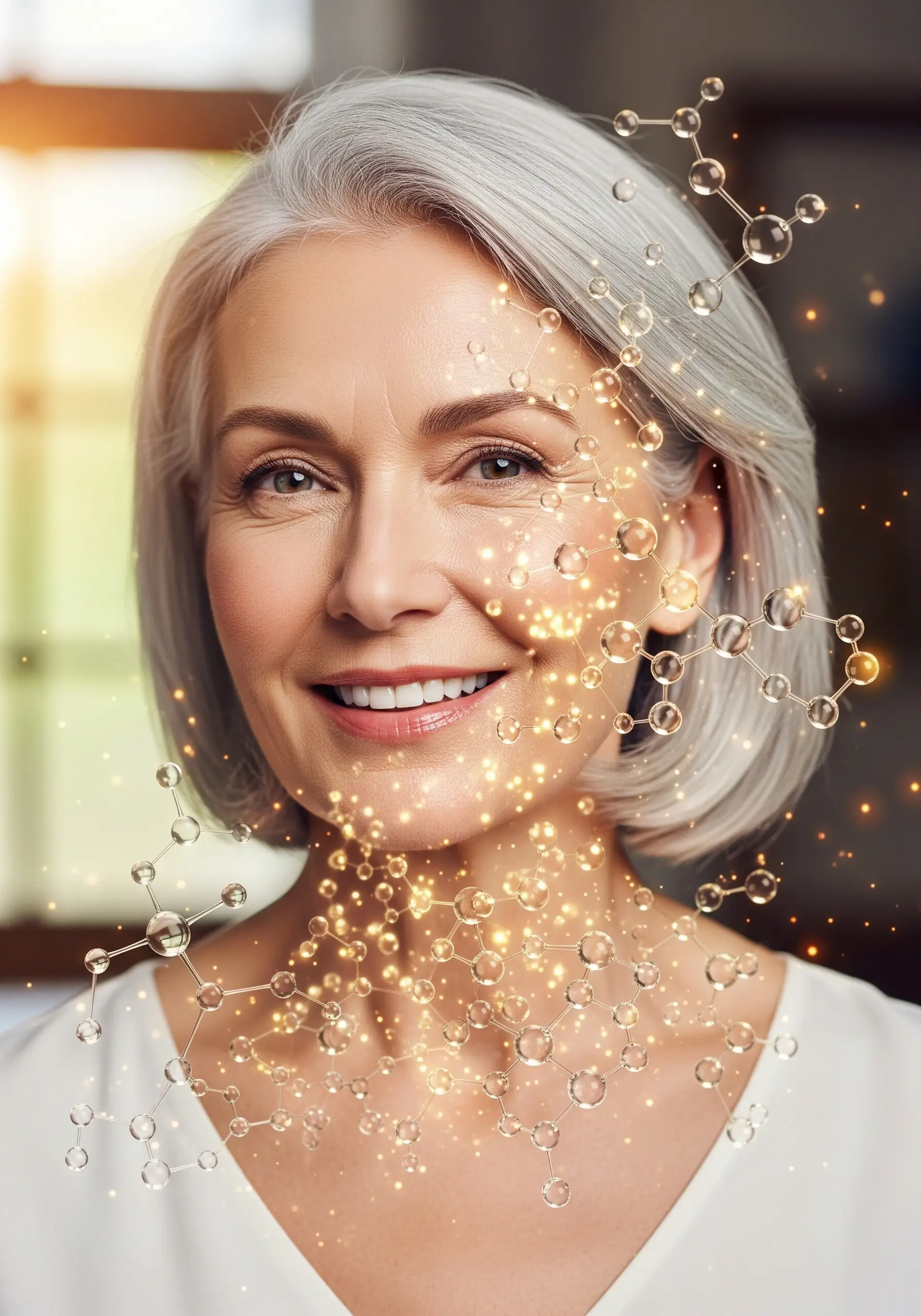 Молекули ферментів молодості — супероксиддисмутаза, каталаза та глутатіонредуктаза — на фоні усміхненої жінки зрілого віку, що символізують природний захист клітин від старіння.