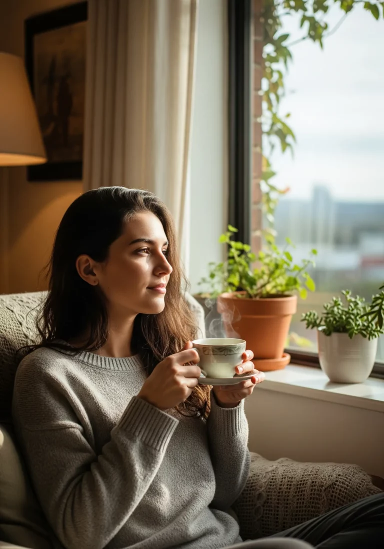 Дівчина тримає чашку з чаєм, який містить амінокислоту L-теанін