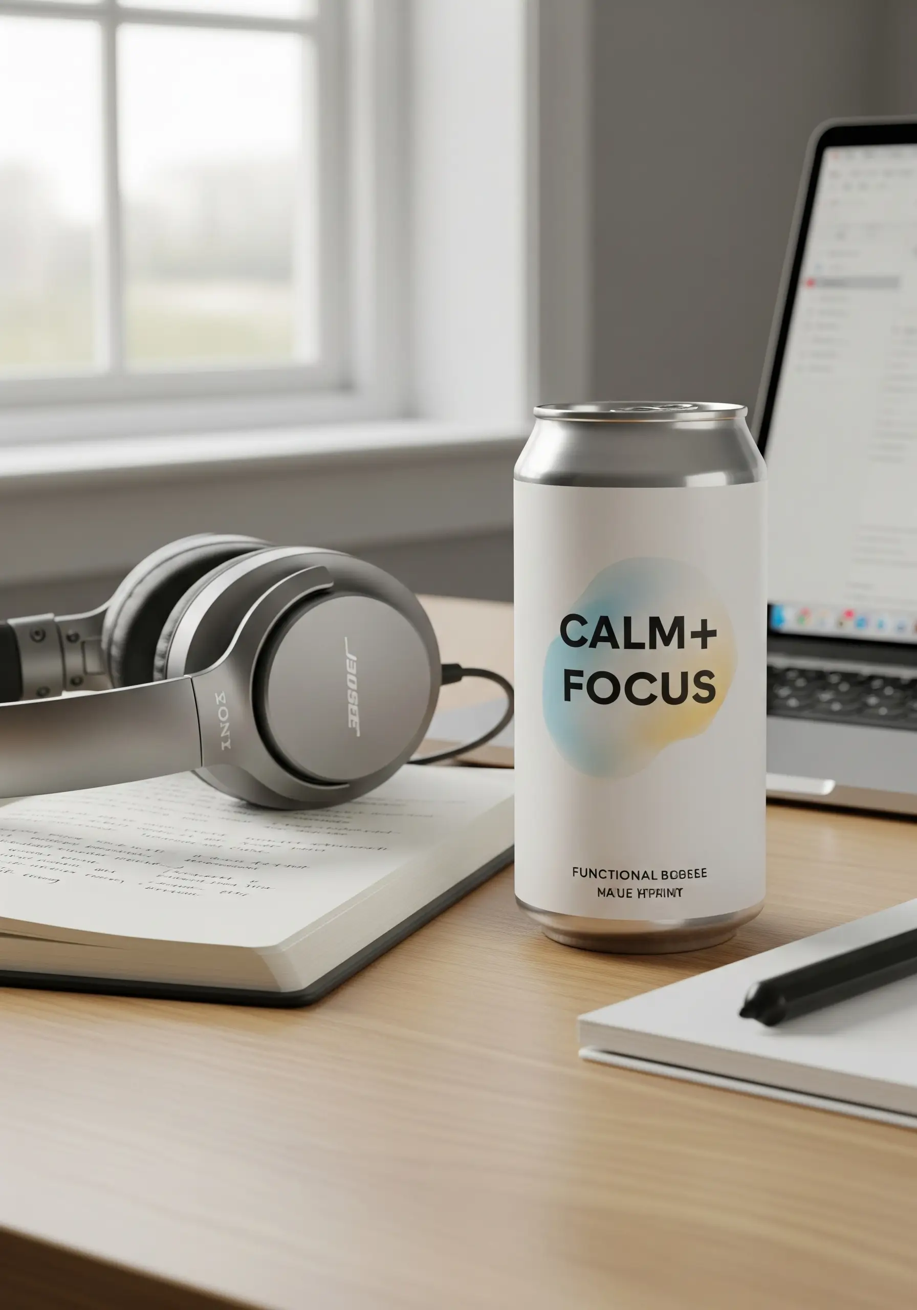 Calm+Focus drink for support of focus and concentration, headphones on desk