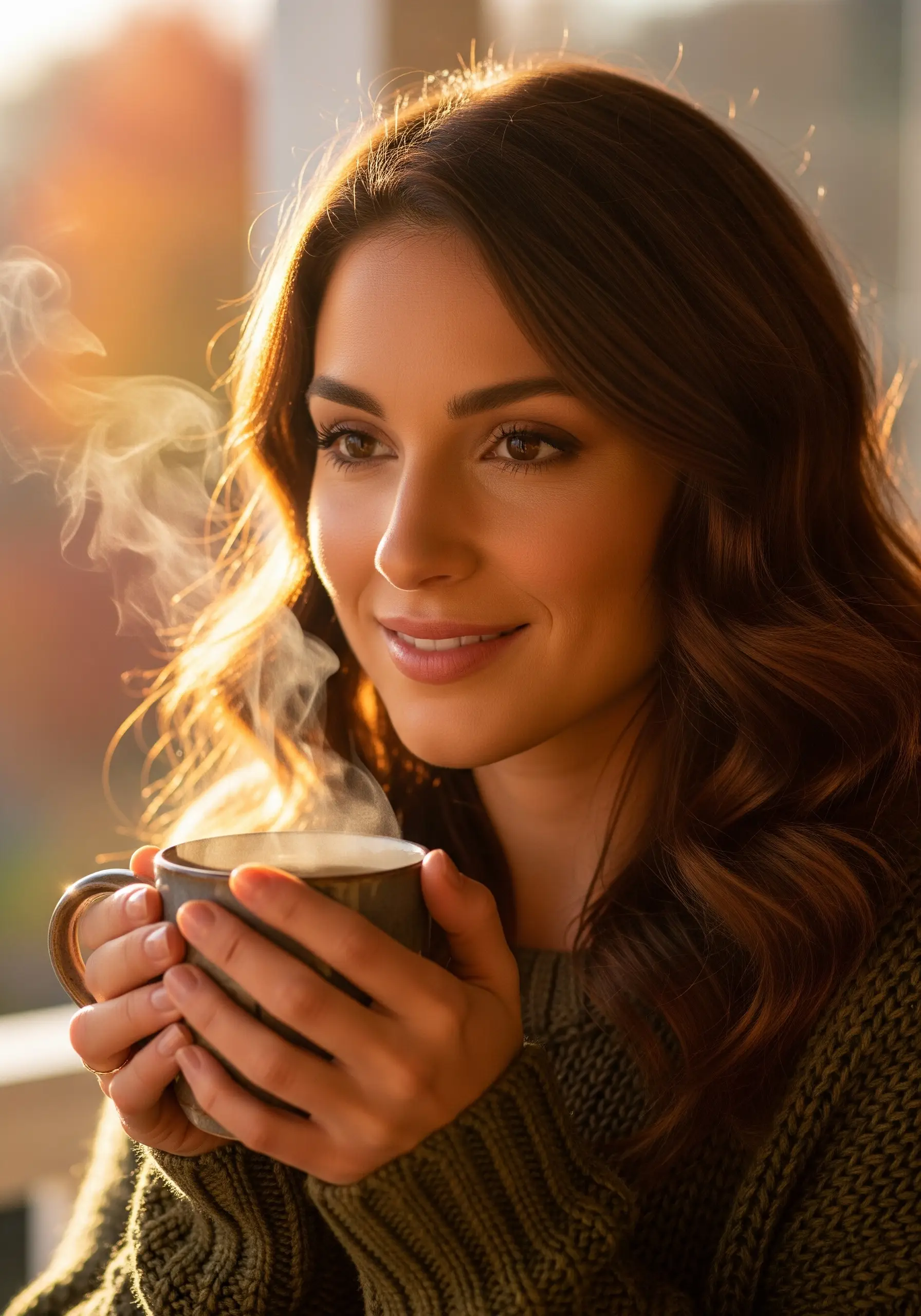 Дівчина посміхається і тримає чашку гарячого напою