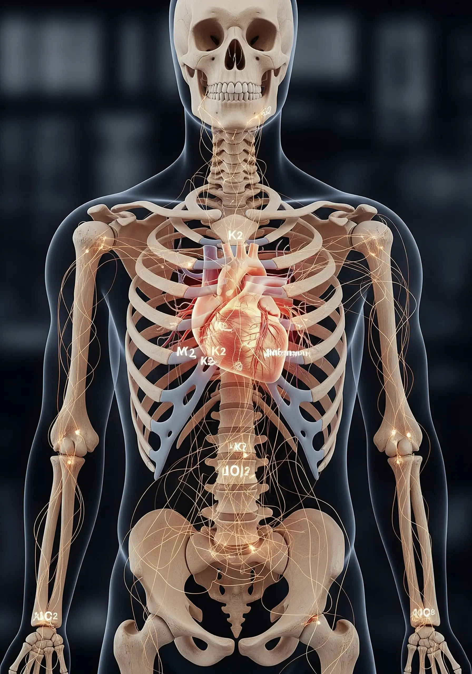 Ілюстрація як працює дует Вітамін K2 і магній на фоні скелету людини