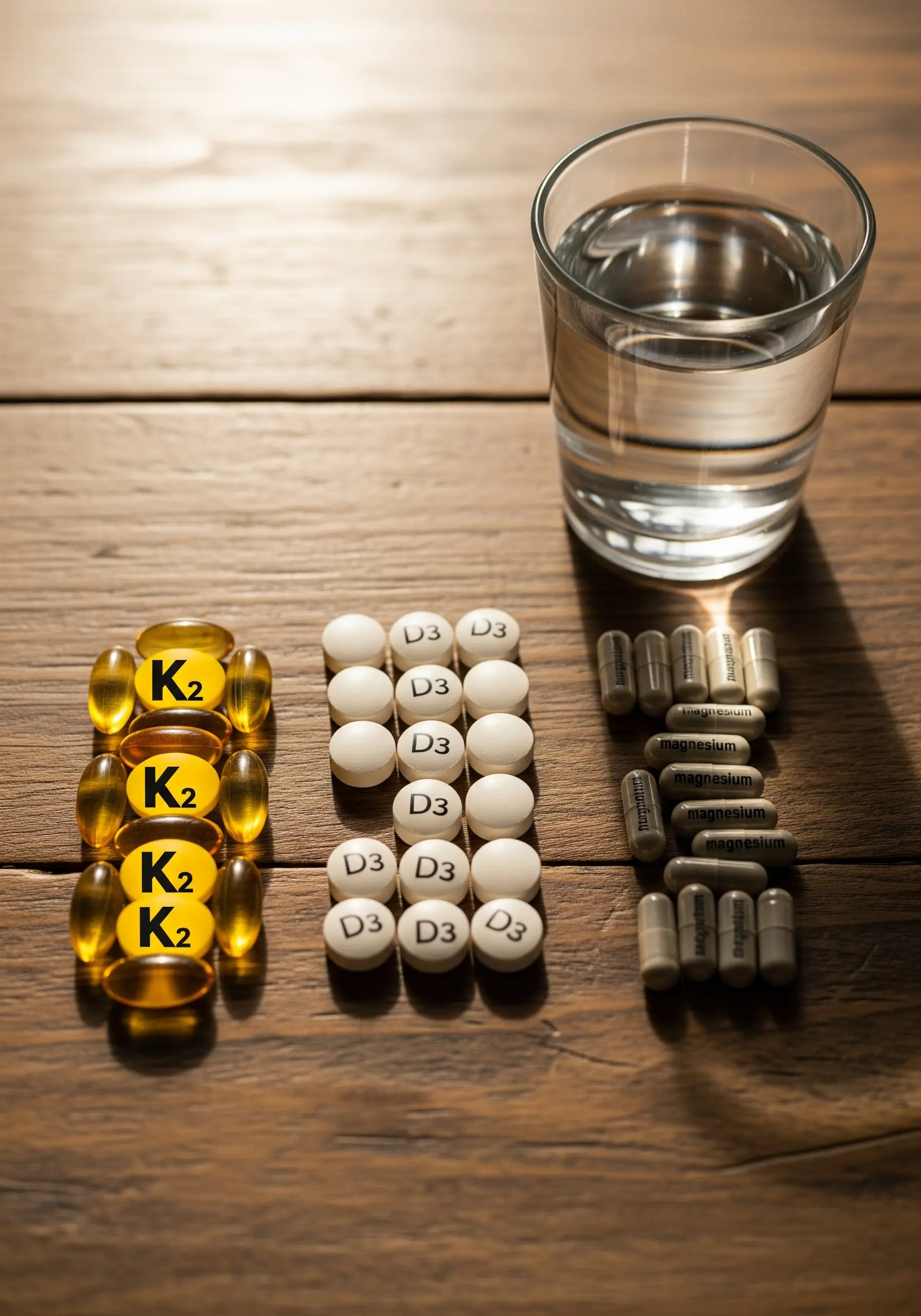Вітаміни К2, D3 і магній в капсулах поряд із стаканом води