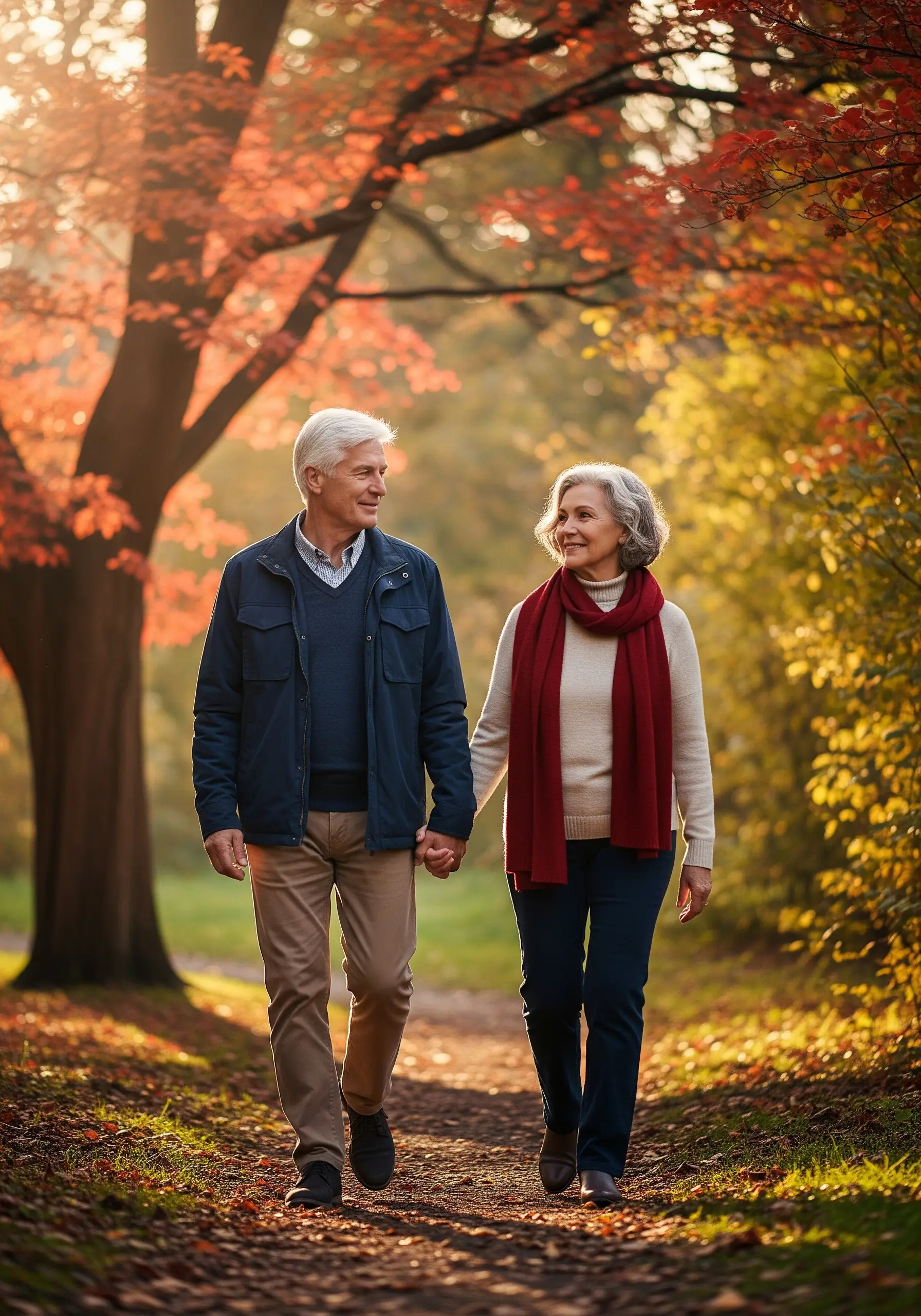 Осінь, пара літнього віку ідуть в парку і тримаються за руки