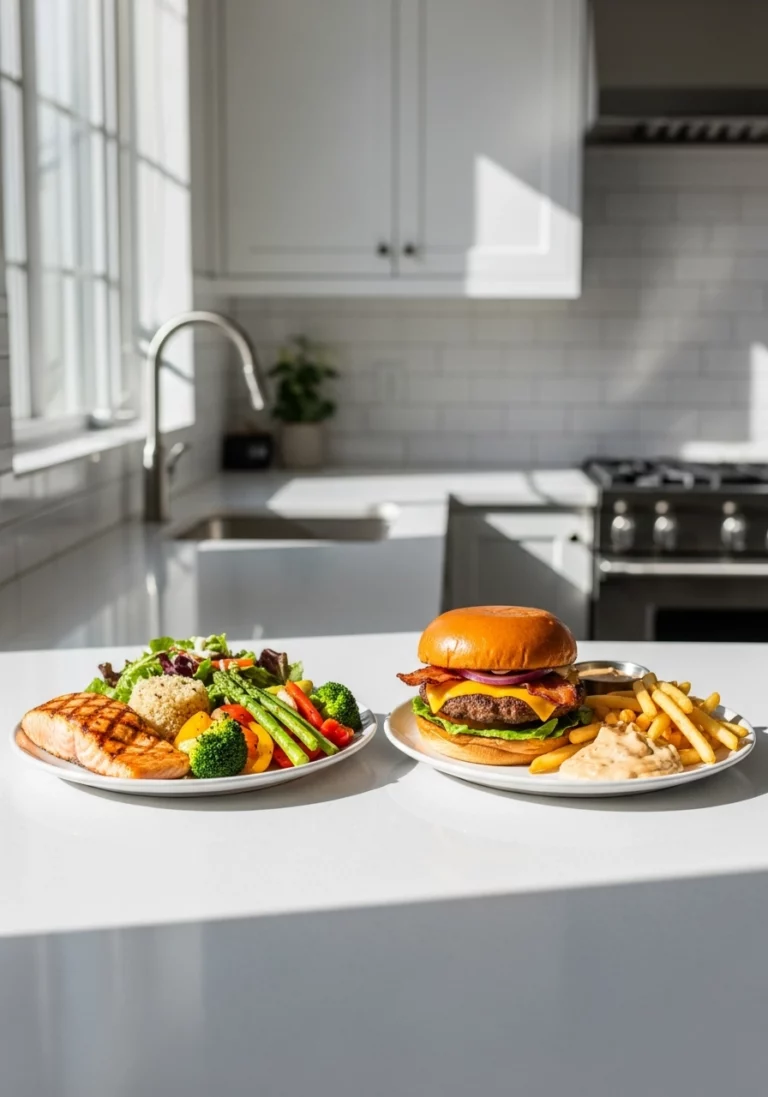 На столі тарілка для здорового харчування і тарілка фастфуду