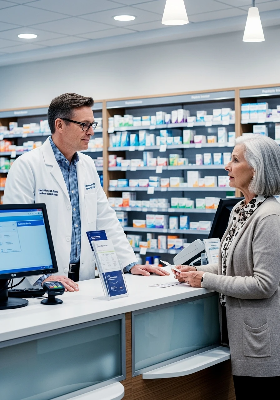 Фармацевт консультує пацієнта щодо вибору ферменту в аптеці
