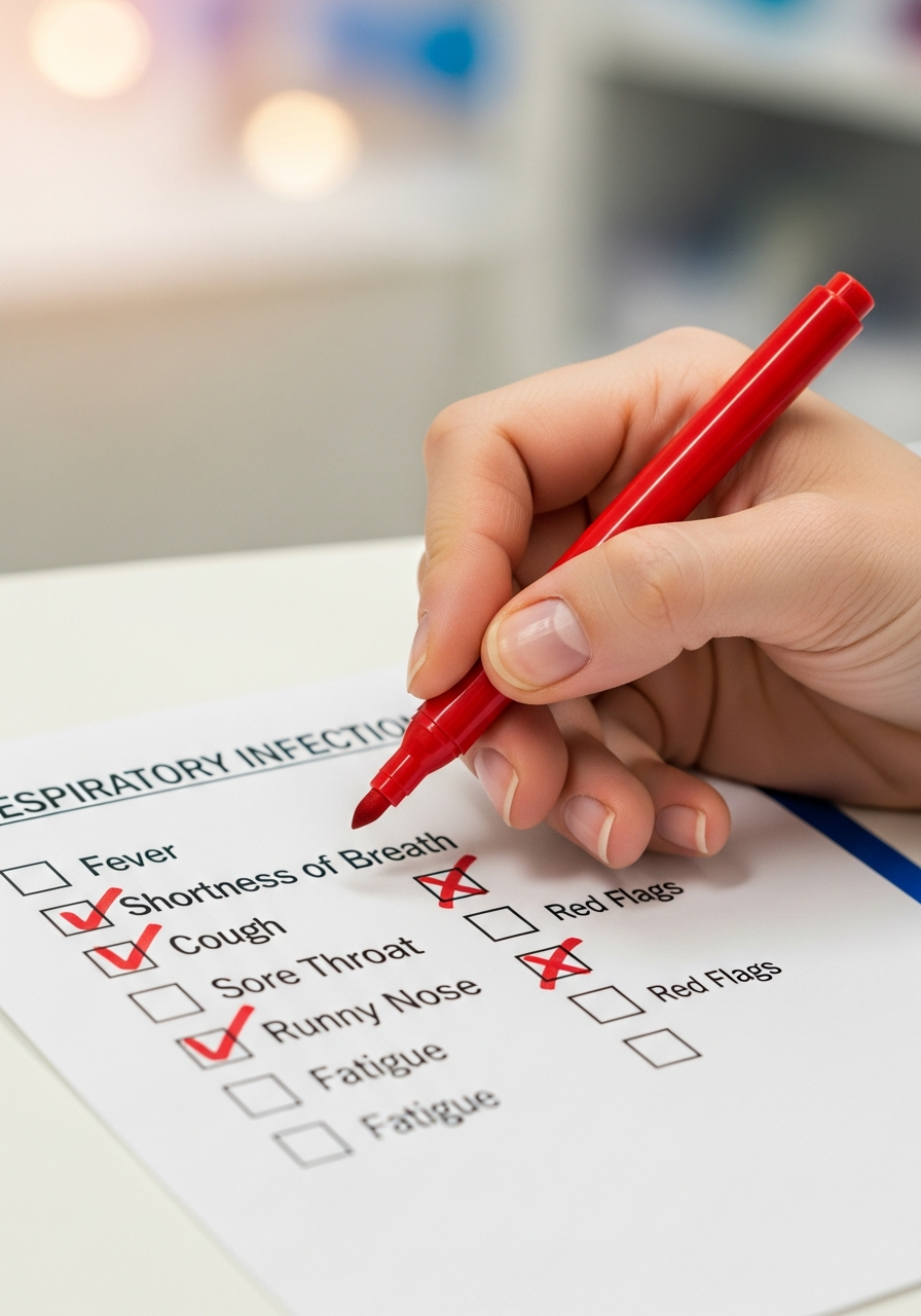 На листке перечень симптомов ОРВИ: насморк, кашель, одышка