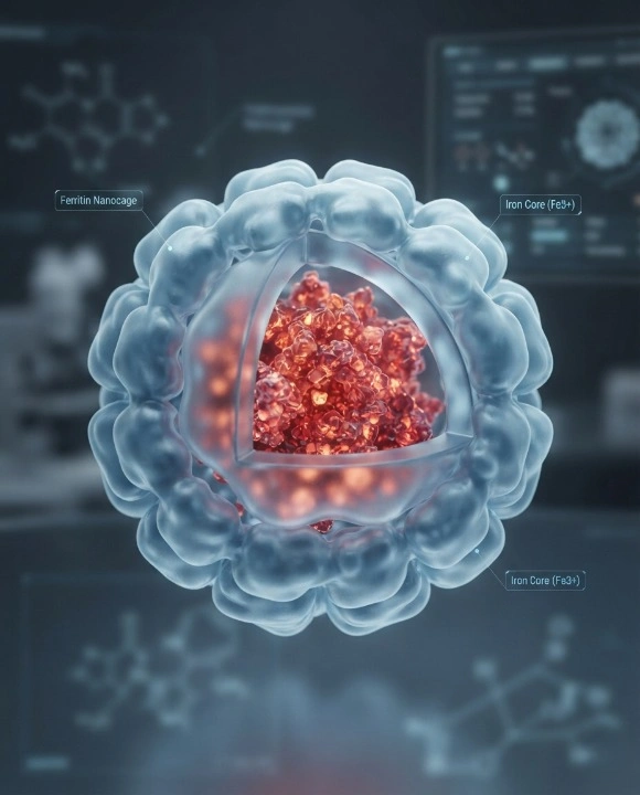 3D visualization of a ferritin protein molecule storing and preserving iron reserves inside the cell