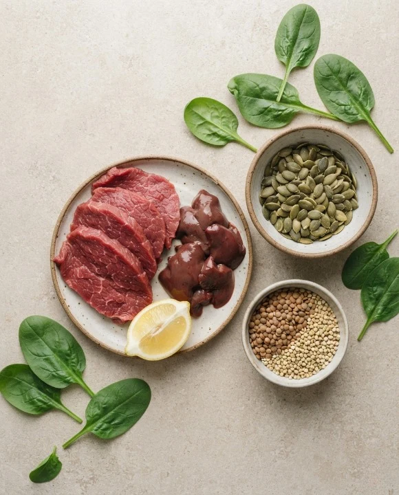 Продукти з високим вмістом заліза: яловичина, печінка, шпинат, гарбузове насіння та бобові для підняття феритину