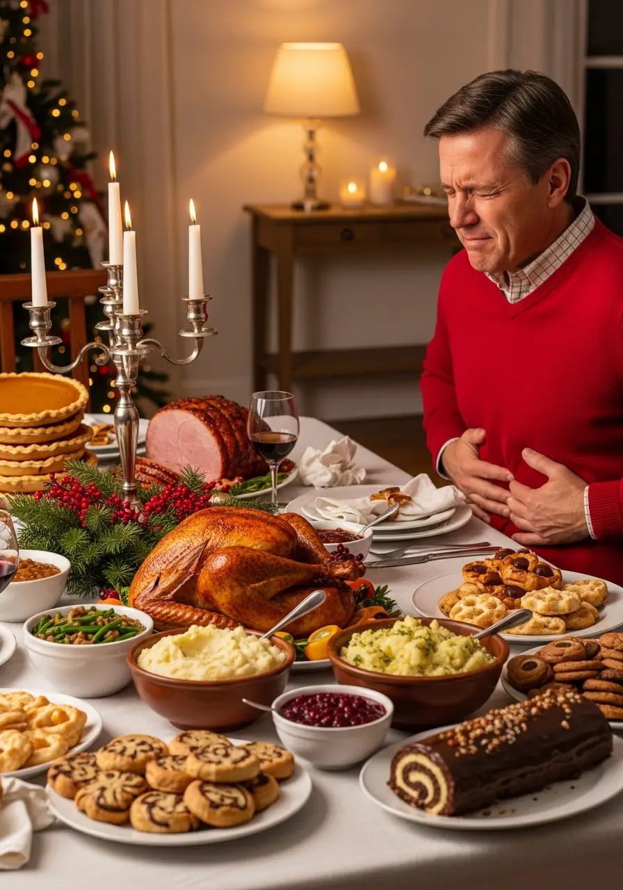 Шлунково-кишкові проблеми — чоловік тримає живіт руками після важкого застілля