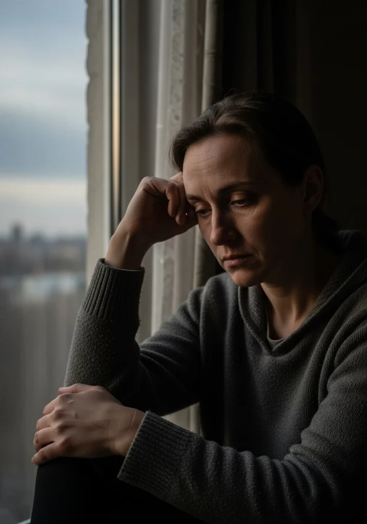 Виснажена жінка сидить біля вікна