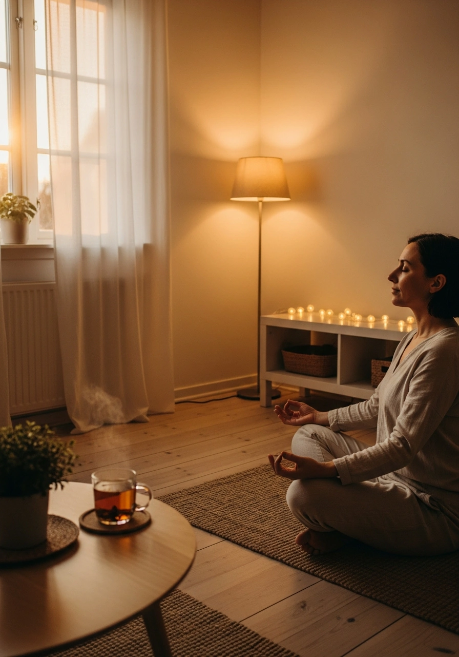 Жінка робить дихальні практики ввечері під теплим світлом лампи