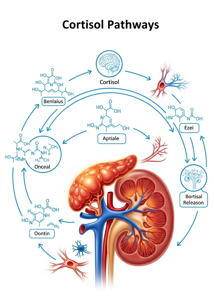 Інфографіка шляхів кортизолу та його впливу на наднирники й інші органи
