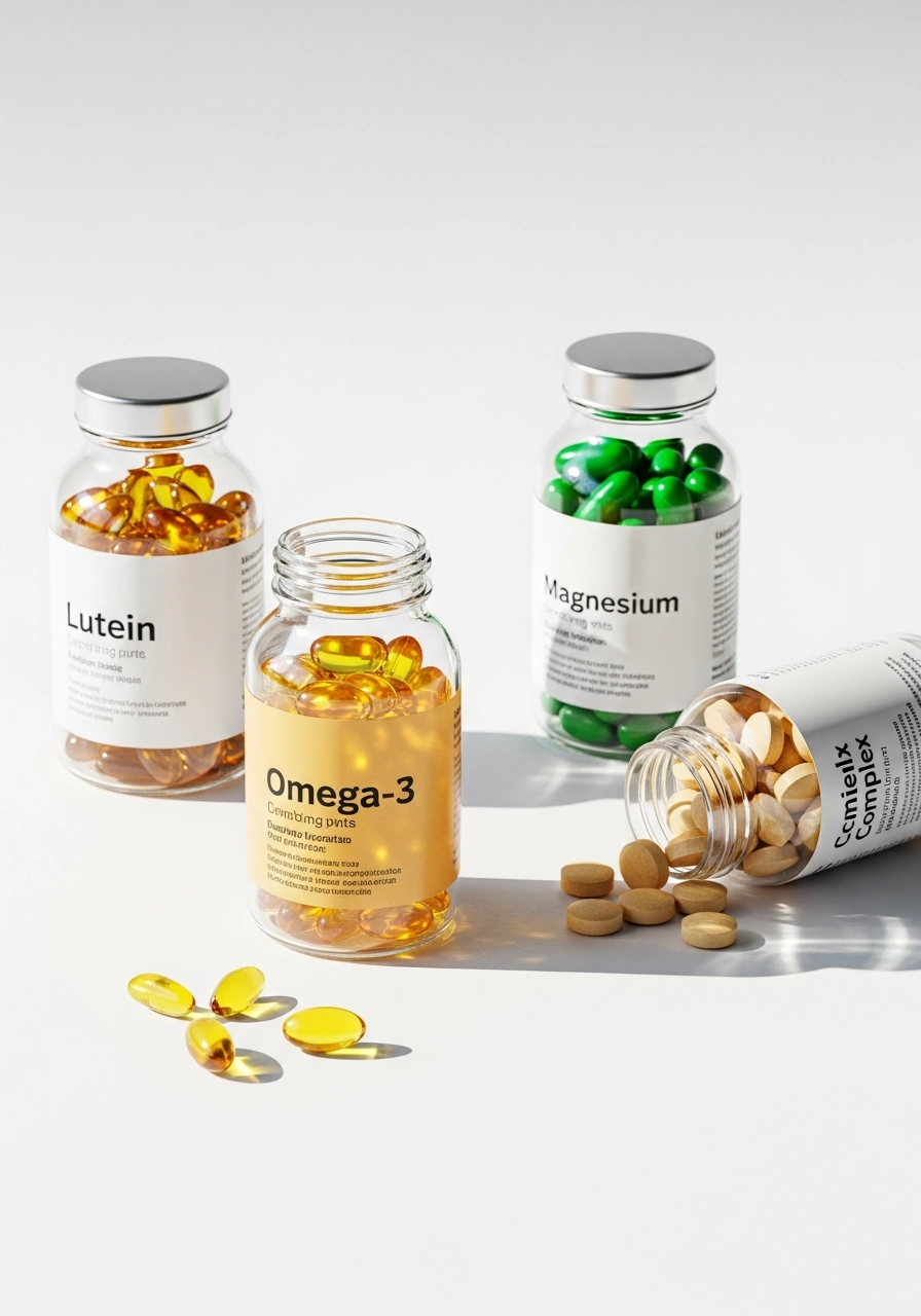 Банки добавок з лютеїном, омега-3 та магнієм для підтримки очей, мозку та нервової системи