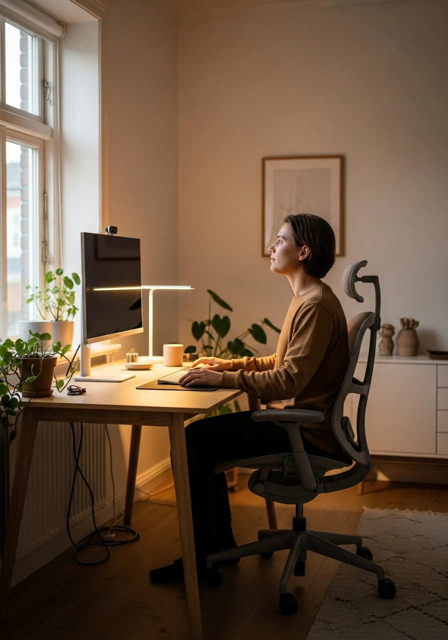 Жінка працює за столом перед екраном монітору