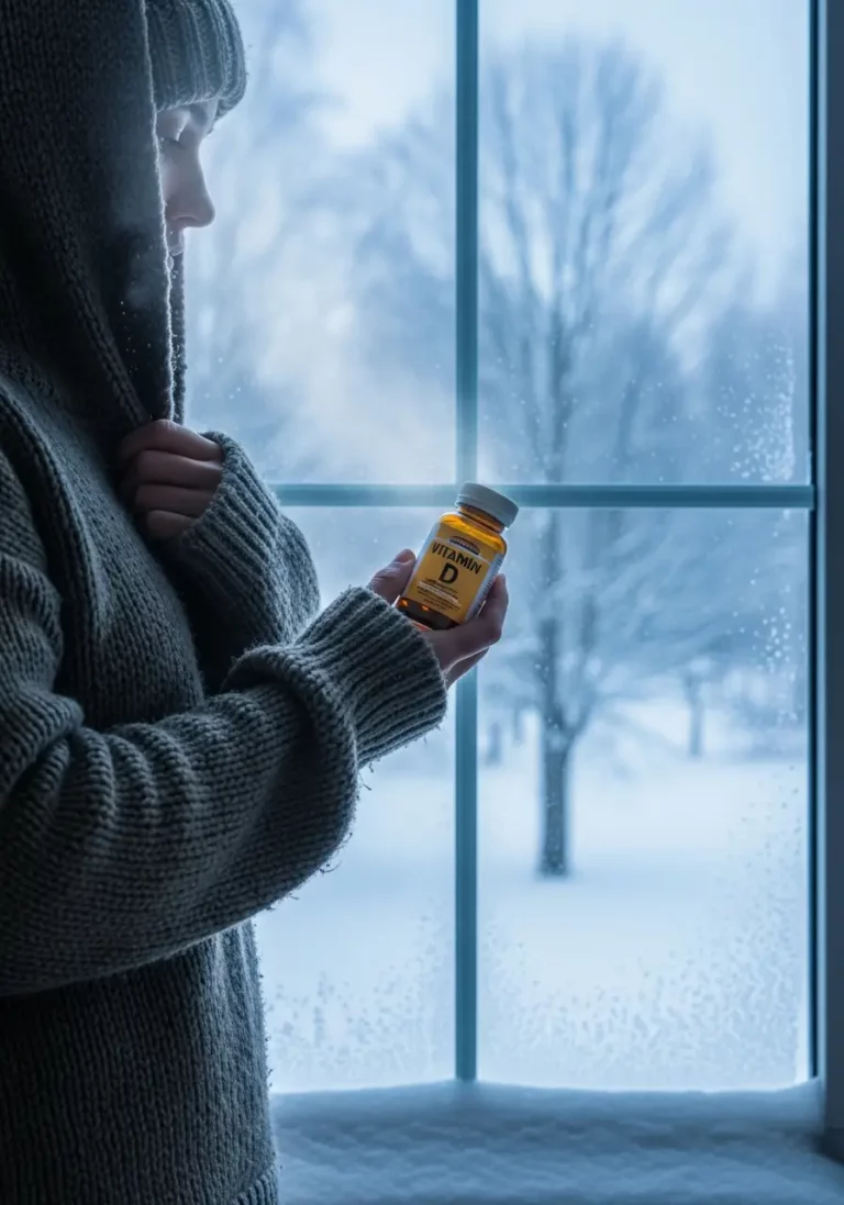 Жінка з банкою вітаміну D на тлі морозного вікна