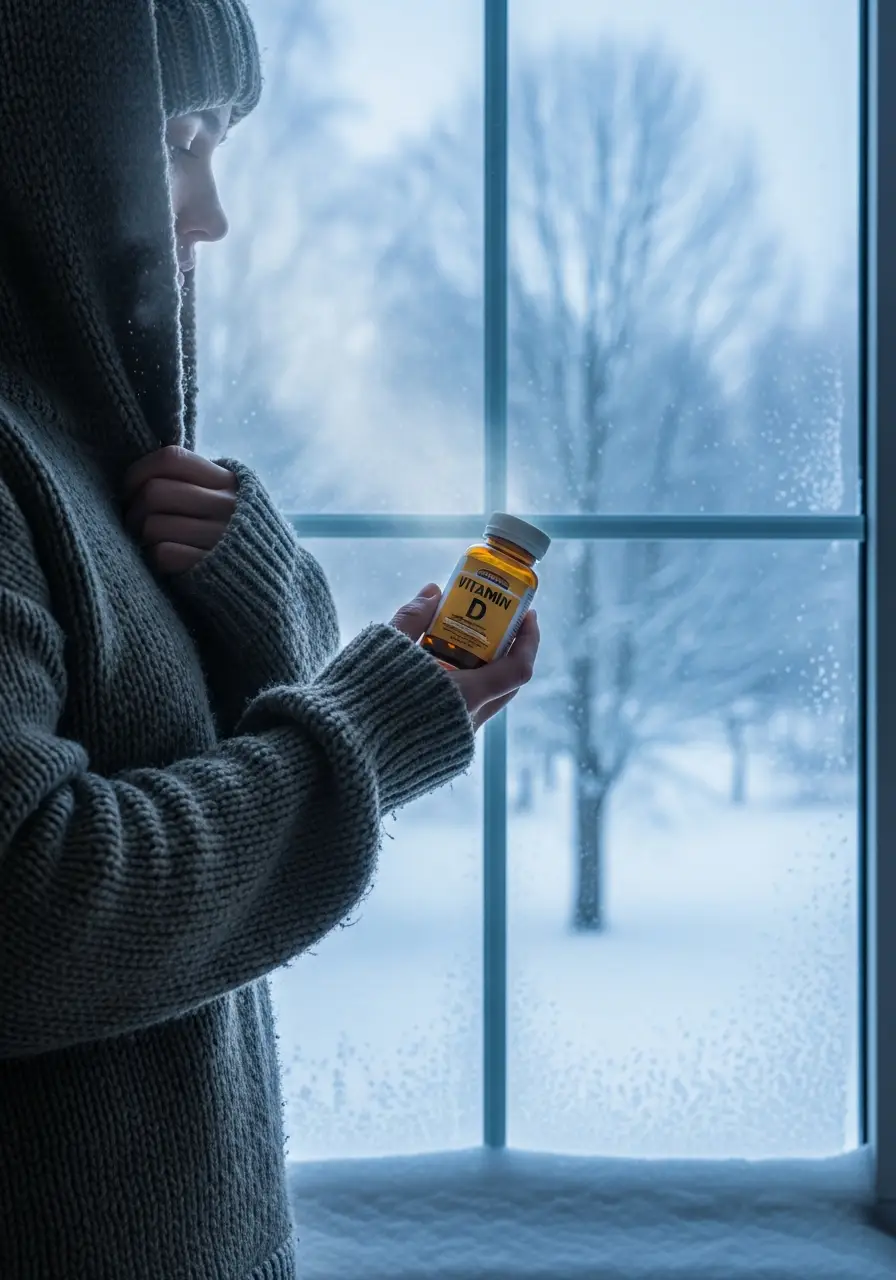 Жінка з банкою вітаміну D на тлі морозного вікна