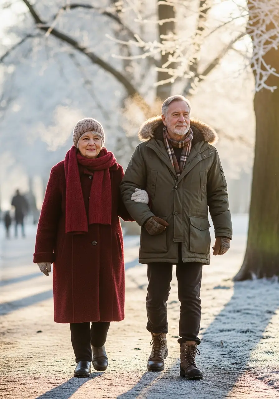 Пара літніх людей прогулюється на вулиці взимку