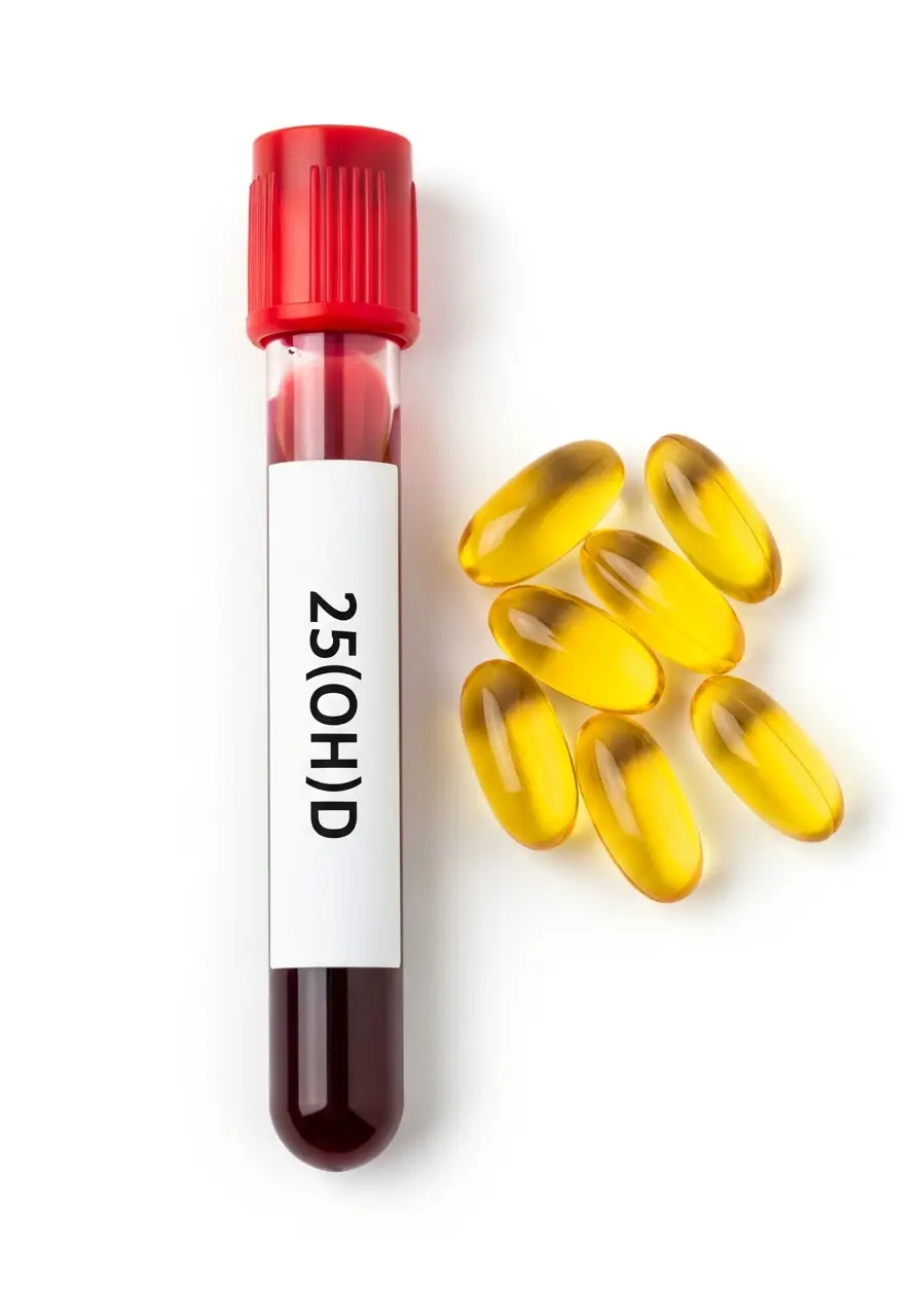 Пробірка з аналізом крові на рівень 25(OH)D та капсули вітаміну D