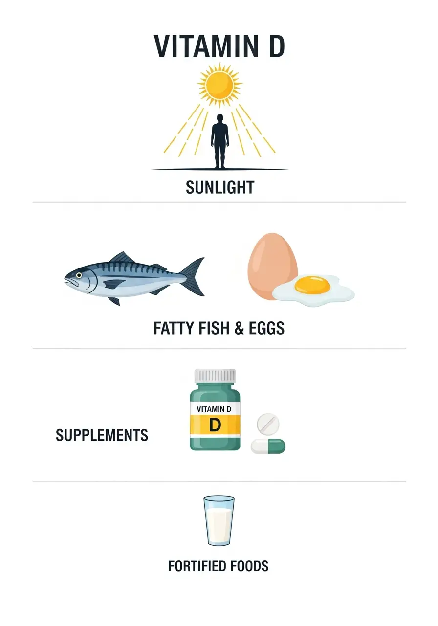 Інфографіка джерел вітаміну D: сонце, жирна риба, яйця, БАДи та продукти, збагачені вітаміном D