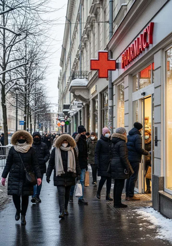 Тепло одягнуті люди із медичними масками на обличчі гуляють на вулиці взимку