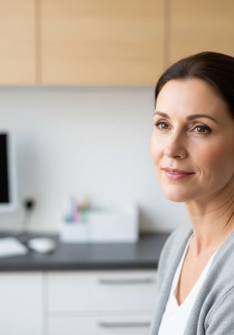 Жінка з посмішкою на кухні у спокійній домашній обстановці