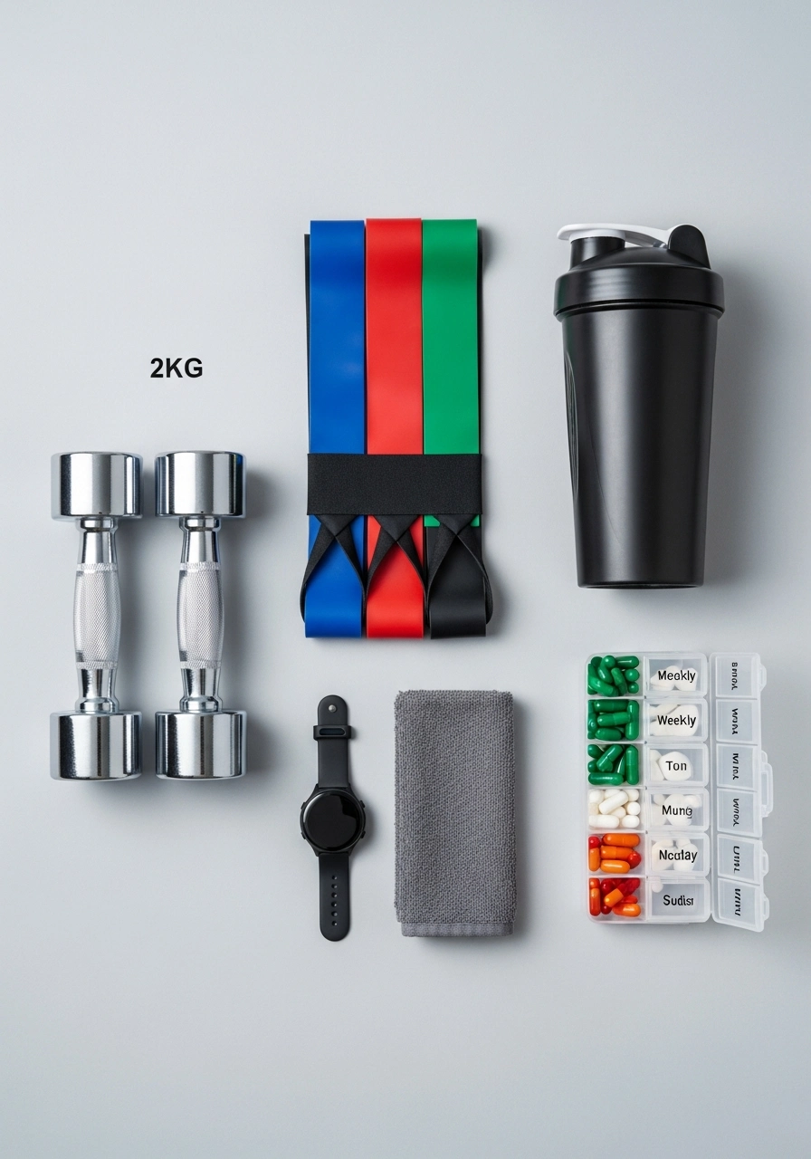 Резинки, пляшка, гантелі для тренувань і нутрицевтики