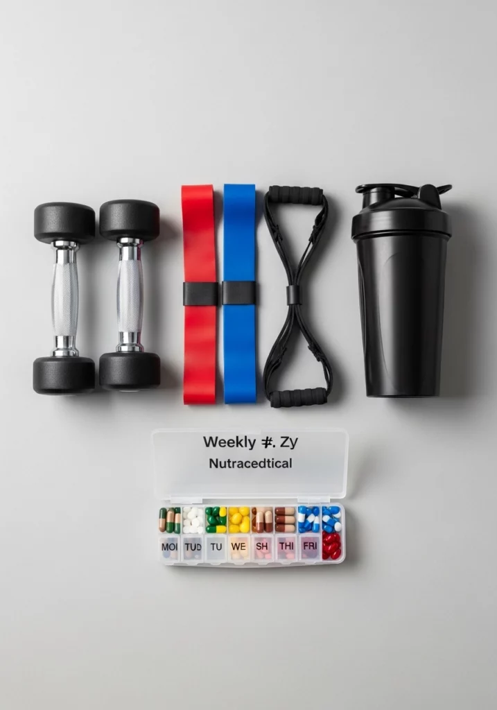 Гантелі, резинки для тренувань і нутрицевтики