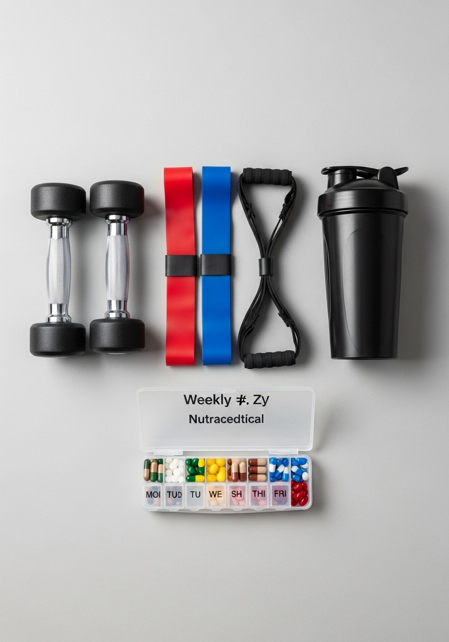 Гантелі, резинки для тренувань і нутрицевтики