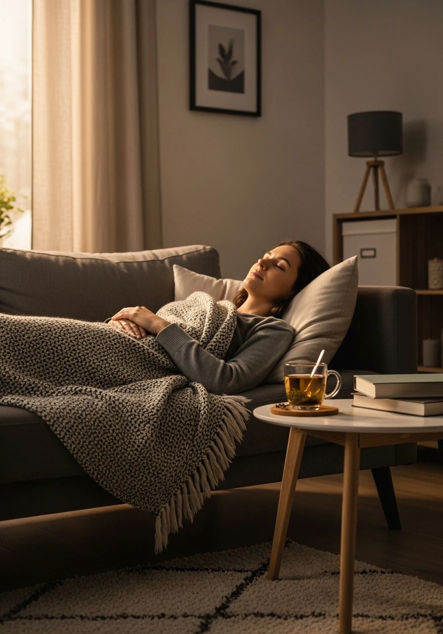 Жінка відпочиває на ліжку і відновлюється нервова система