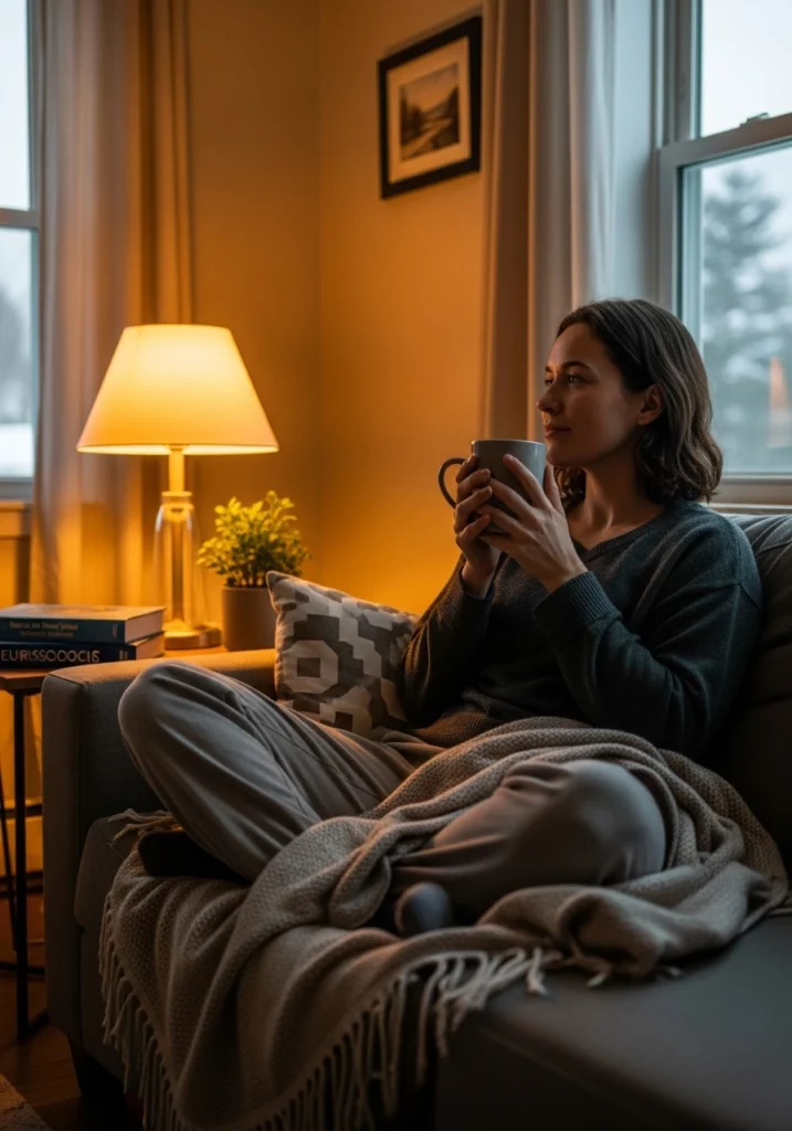 Жінка відпочиває на дивані з чашкою чаю