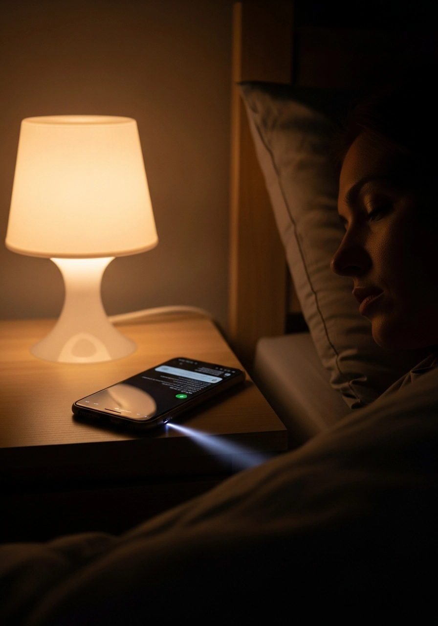 Людина спить уночі з увімкненою лампою біля ліжка в кімнаті
