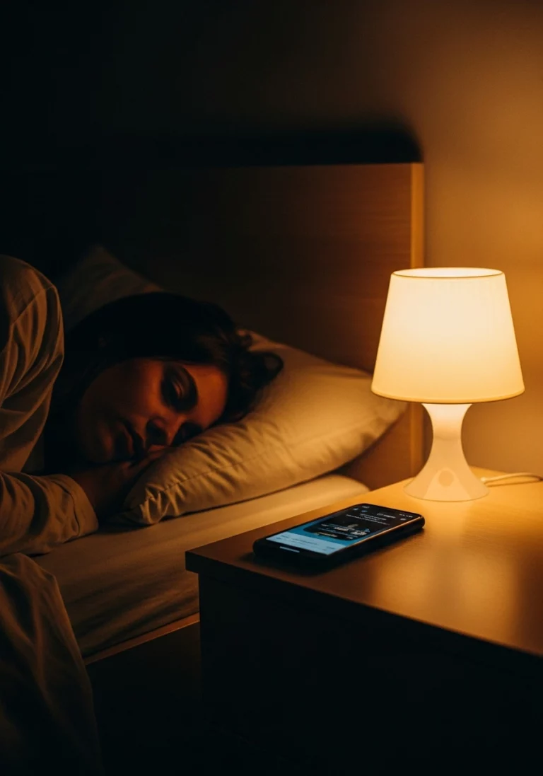Жінка спить у ліжку, поруч увімкнена лампа