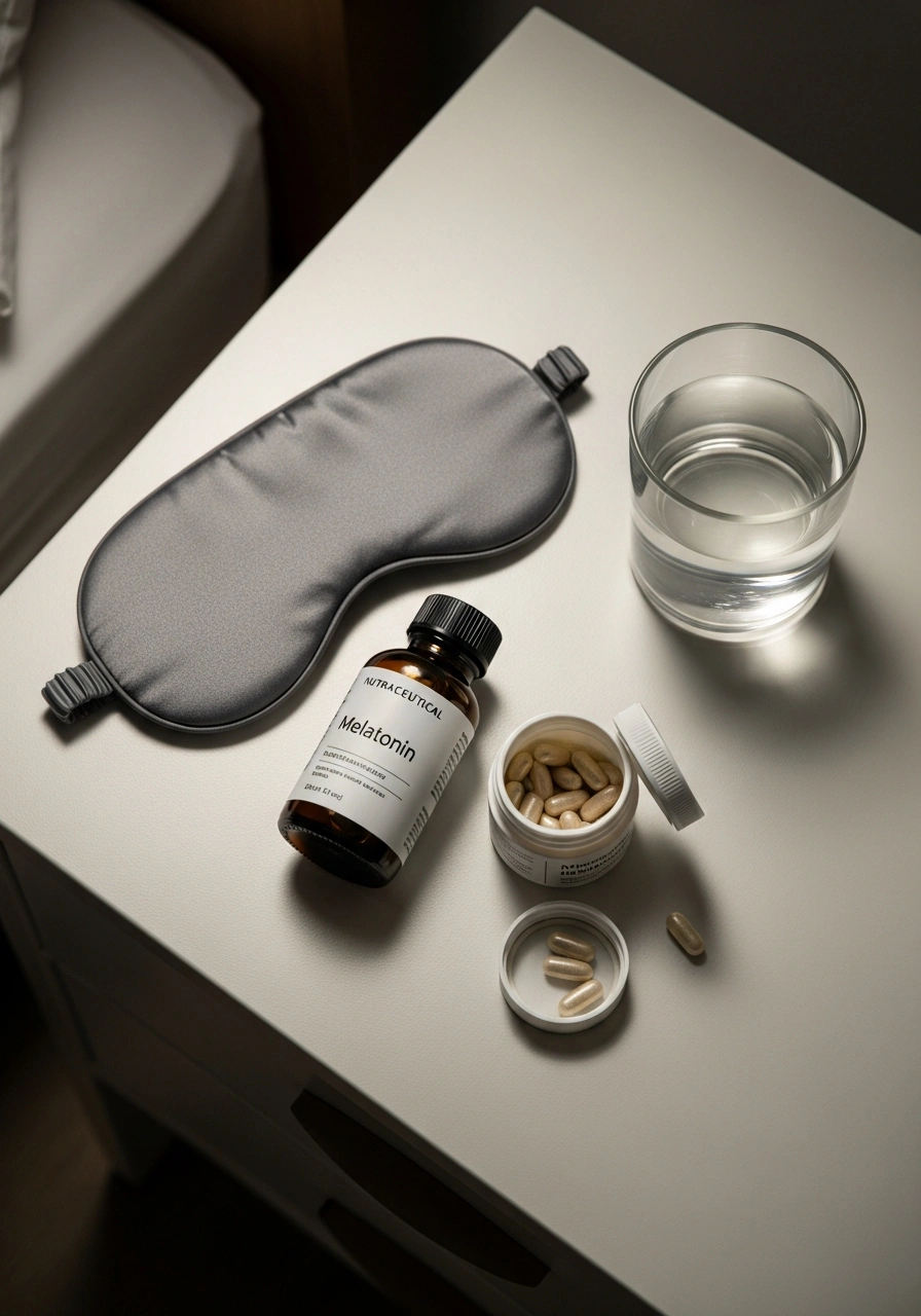 Упаковка мелатоніну, маска для сну та склянка води на столику біля ліжка