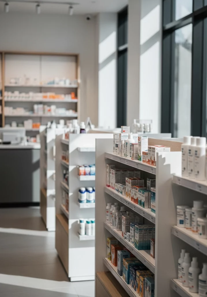 Полиці аптеки з асортиментом лікарських засобів