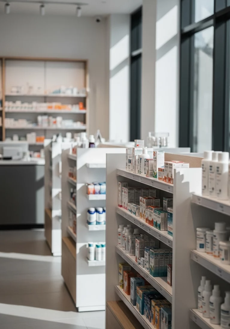Полиці аптеки з асортиментом лікарських засобів